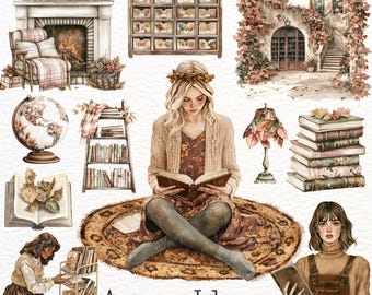 Autumn Library Watercolor Clipart: Vintage Books, Cozy Reading Nooks (PNG Download)