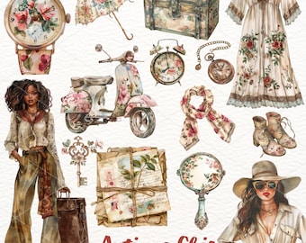 Clipart antico acquerello: elementi vintage per album di ritagli (download digitale)