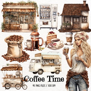 Imágenes Prediseñadas de café de acuarela, taza de café PNG, amante del café, imágenes prediseñadas de barista, granos de café, scrapbooking, pegatinas de descarga digital, comercial