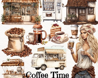 Watercolor Coffee Clipart: Coffee Mug, Beans PNG (Digital Download)