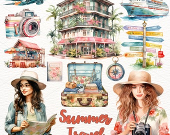 Aquarell Sommer Reise Clipart: Urlaub Grafik (PNG Digital Download)