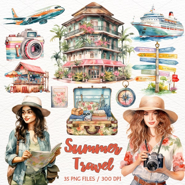 Watercolor Summer Travel Clipart, Summer PNG, Travel Clipart, Girl Clipart, Vacation Holiday Graphics Scrapbook Instant Download Commercial