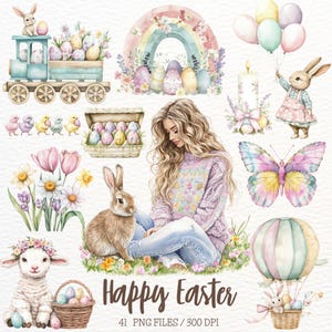 Clipart de Pascua feliz en acuarela, huevos de Pascua, PNG de Pascua pastel, Pascua de primavera, conejito de Pascua, animales de Pascua, pollito de Pascua, pegatinas digitales