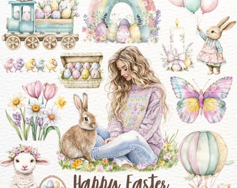 Watercolor Easter Clipart: Pastel Eggs, Bunny, Chick (PNG Digital Stickers)