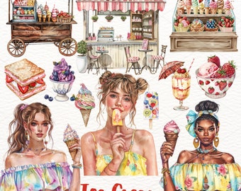 Watercolor Ice Cream Clipart: Summer Graphics PNG (Digital Download)