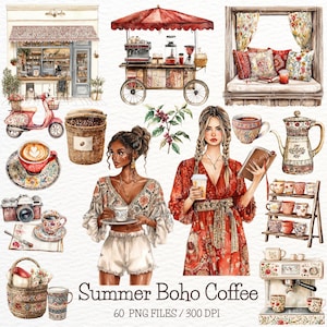 Clipart café aquarelle été bohème, amateurs de café, tasse à café, barman PNG, l'heure du café, coffee shop, grains de café, scrapbooking numérique