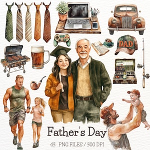 Aquarell Vatertag Clipart Vatertag, Familie, Papa, Daddy PNG, Vater und Tochter, Vater und Sohn, Vater und Kind, Digitaler Aufkleber