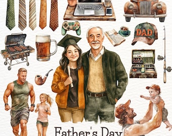 Watercolor Father&#39;s Day Clipart Father&#39;s Day, Family, Dad, Daddy PNG, Father and Daughter, Father and Son, Father and Child, Digital Sticker