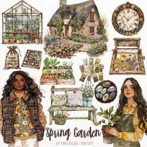 Aquarelle printemps jardin des cliparts, jardin floral, Cottagecore, printemps douillet, clipart campagne, printemps PNG, autocollants numériques, usage Commercial