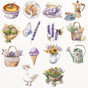 May include: A collection of watercolour illustrations featuring lavender, sunflowers, butterflies, a goose, a teapot, a watering can, a basket, a croissant, a cup of tea, and an ice cream cone.