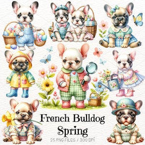 Frühling Clipart Bundle PNG, französische Bulldogge Clipart, süße Frenchie Aquarell Clipart, süßer Hund, digitaler Download, Scrapbooking kommerzielle Nutzung
