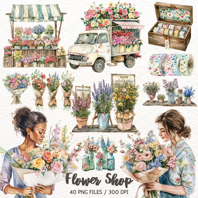 Akvarell blomsterbutik Clipart: Blommig PNG-grafik (digital nedladdning) bild 1