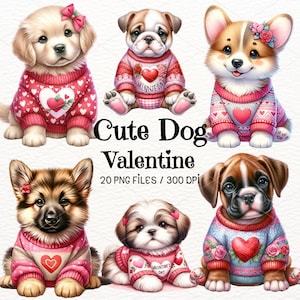 Aquarelle de chien mignon Saint-Valentin, Clipart chiens Saint-Valentin, sublimation de chiot, amoureux des chiens, chiens PNG, téléchargement numérique, autocollants, usage Commercial