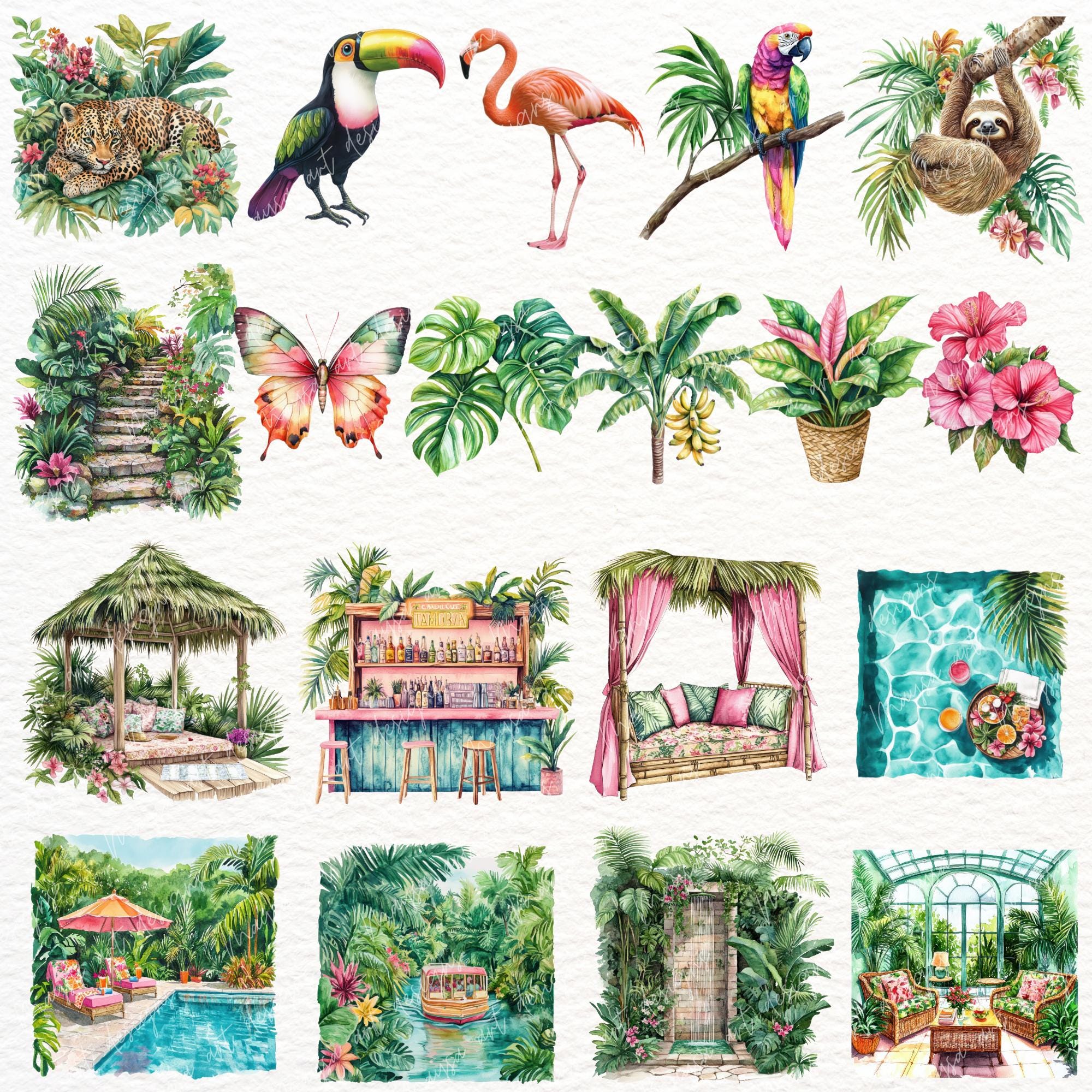 Watercolor Tropical Clipart: Summer Beach PNG Graphics (digital ...