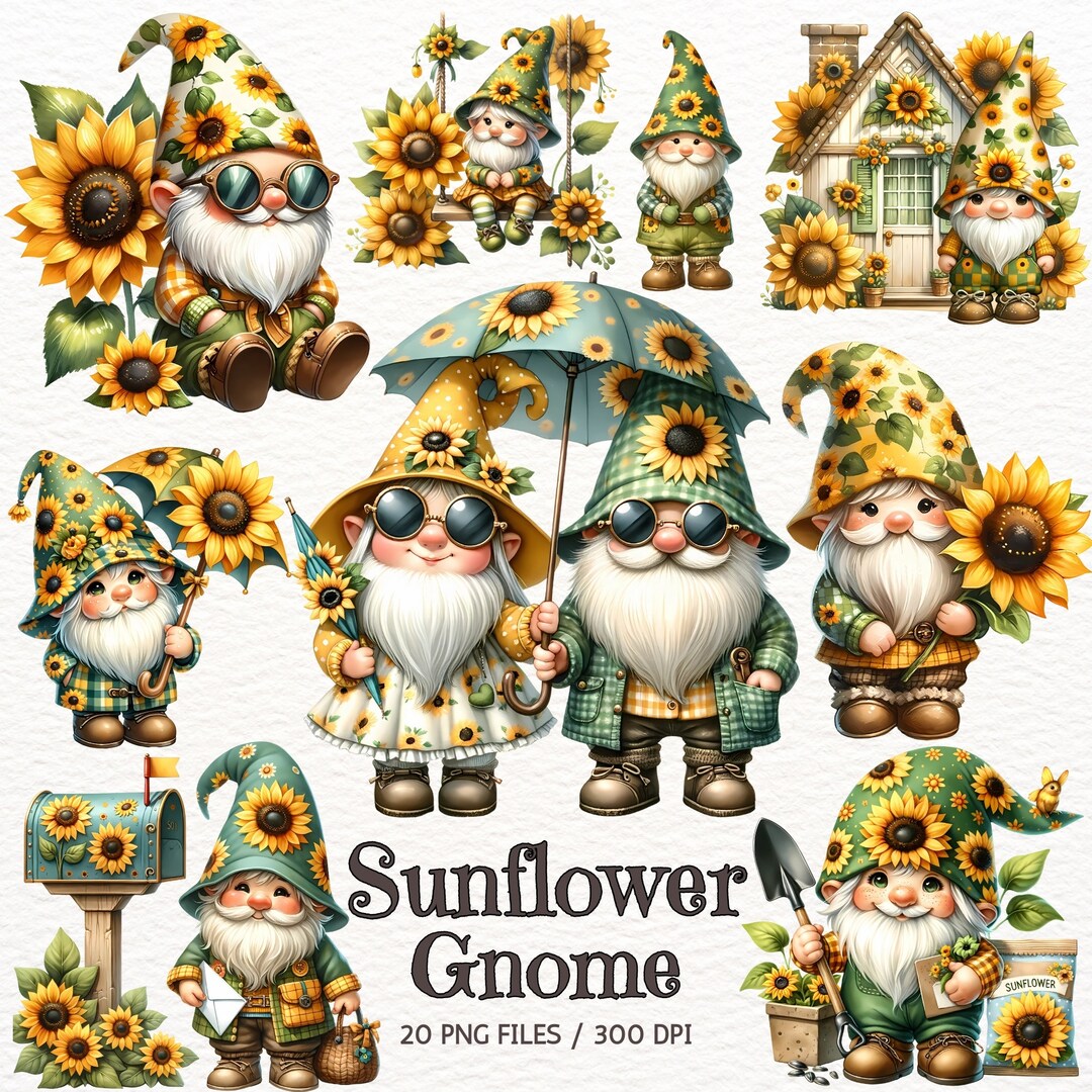 Sunflower Gnome Clipart, Watercolor Clipart, Gardening Gnome Sublimation, Gnome PNG, Cute Gnome