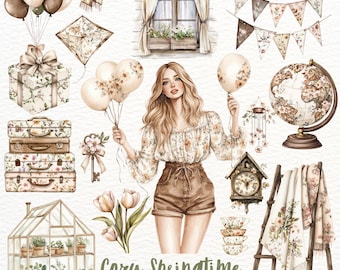 Clipart de primavera en acuarela: Gráficos cottagecore, pegatinas para agenda (descarga digital PNG)