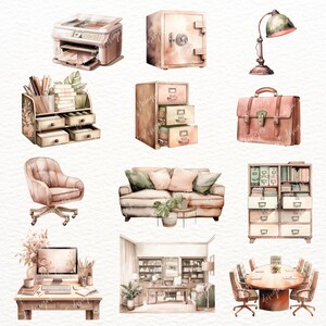 Puede incluir: Un conjunto de ilustraciones de acuarela de muebles y decoraci&oacute;n de oficina. El conjunto incluye una impresora, una caja fuerte, una l&aacute;mpara, una estanter&iacute;a, un archivador, un sof&aacute;, una silla, un escritorio, una computadora, una planta y una mesa de conferencias con sillas.
