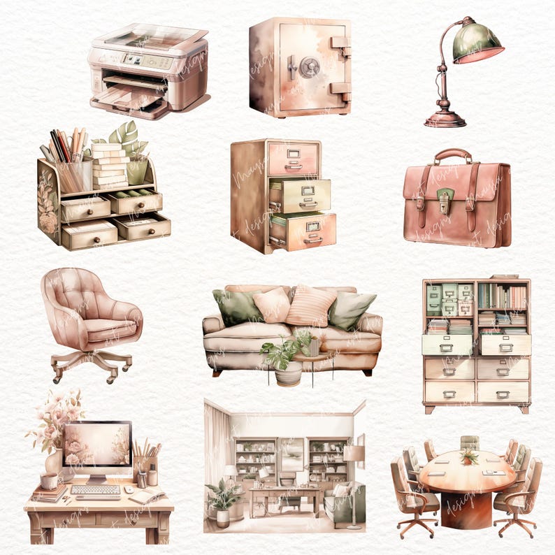 Puede incluir: Un conjunto de ilustraciones de acuarela de muebles y decoraci&oacute;n de oficina. El conjunto incluye una impresora, una caja fuerte, una l&aacute;mpara, una estanter&iacute;a, un archivador, un sof&aacute;, una silla, un escritorio, una computadora, una planta y una mesa de conferencias con sillas.