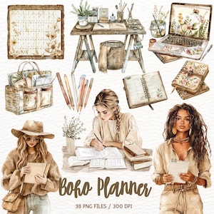 Aquarell Boho Planer Clipart, Journal ästhetik, Planer Girl PNG, Vintage Neutral Beige, Aufkleber Scrapbook Digital Download Kommerziell