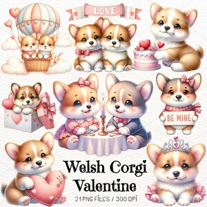 Dia dos Namorados Corgi Aquarela Clipart, Welsh Corgi Dog PNG, Animal do Dia dos Namorados, Cães Fofos Dia dos Namorados, Download Digital, Uso Comercial