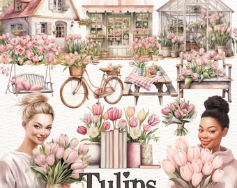 Watercolor Pink Tulip Clipart: Spring Floral PNG Set (Digital Download)
