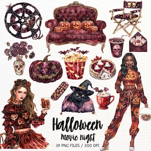 Watercolor Halloween Movie Night Clipart, Spooky Season PNG, Pajama Night Clip Art, Cozy Halloween, Scrapbook Digital sticker Commercial Use