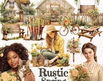 Watercolor Spring Clipart: Rustic Cottagecore PNG Graphics (Commercial Use)