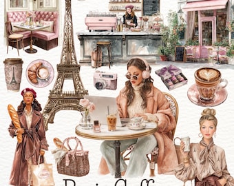 Può includere: Illustrazione ad acquerello a tema parigino, con un caffè, la Torre Eiffel e persone. L'immagine include tazze di caffè, pasticcini e il testo "Paris Coffee". La tavolozza dei colori è morbida, con toni rosa e marroni.