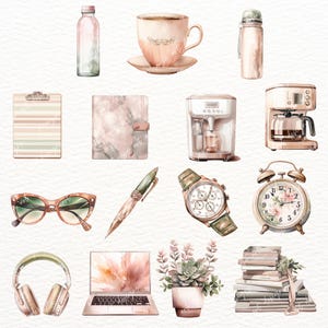 Puede incluir: Una colecci&oacute;n de ilustraciones de acuarela que representan varios art&iacute;culos para una oficina en casa, incluyendo una cafetera, un reloj, una computadora port&aacute;til, un cuaderno, una botella de agua, un bol&iacute;grafo, un par de gafas de sol, un reloj, auriculares, una pila de libros y una planta suculenta en una maceta.