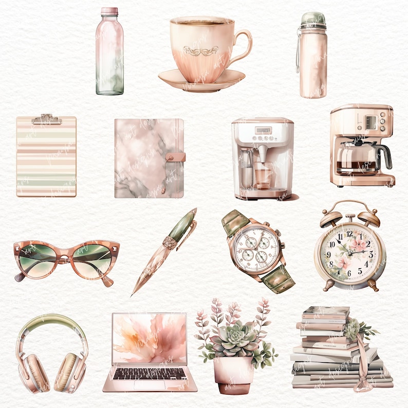 Puede incluir: Una colecci&oacute;n de ilustraciones de acuarela que representan varios art&iacute;culos para una oficina en casa, incluyendo una cafetera, un reloj, una computadora port&aacute;til, un cuaderno, una botella de agua, un bol&iacute;grafo, un par de gafas de sol, un reloj, auriculares, una pila de libros y una planta suculenta en una maceta.