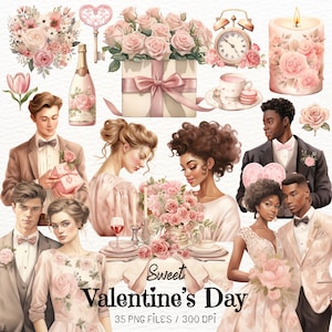 Acuarela San Valentín Clipart, Feliz Día de San Valentín Ilustración, Clipart Romántico, Parejas Enamoradas, Descarga Digital, Uso Comercial