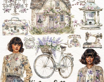 Watercolor Cottage Clipart: Vintage Spring PNG Stickers (Digital Download)