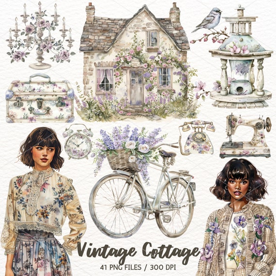 Watercolor Cottage Clipart: Vintage Spring PNG Stickers (Digital Download)