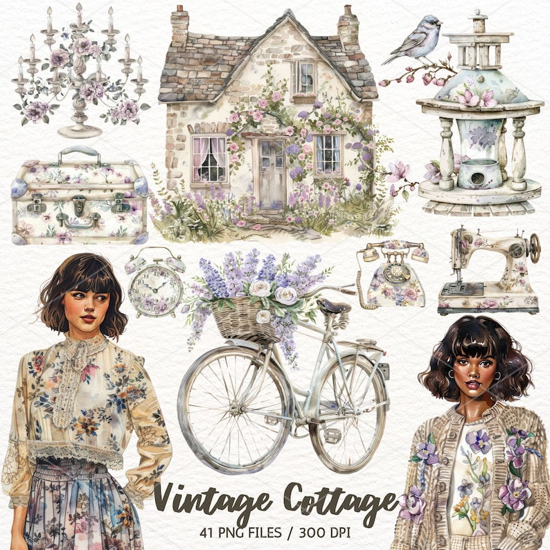 Pu&ograve; includere: Un set di illustrazioni ad acquerello che presenta un cottage vintage, una bicicletta con un cestino di fiori, una donna con capelli corti e scuri, una macchina da cucire, una casetta per uccelli, una valigia vintage, un candelabro, un telefono vintage e una sveglia. L'illustrazione &egrave; in una tavolozza di colori tenui e pastello e ha un'atmosfera capricciosa e romantica.