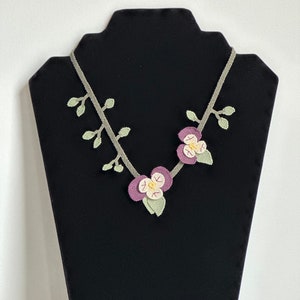 Handmade Turkish Oya Needle Lace Violet Flower Necklace
