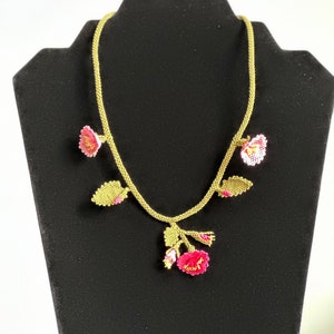 Handmade Turkish Needle Lace Oya Necklace with Pink Coloured Flowers
