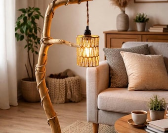 Lampada da terra rustica in legno di mare con LED intelligente – Lampada in legno realizzata a mano, lampada da soggiorno boho, decorazione naturale, illuminazione unica (prodotta in Baviera)