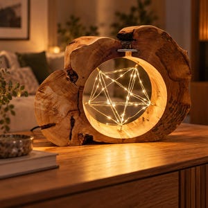 Può includere: Una lampada circolare ricavata da una fetta di legno naturale con un bordo in corteccia ruvido e strutturato. Il centro presenta un'apertura vuota contenente una forma a stella geometrica illuminata da sottili luci a filo calde.