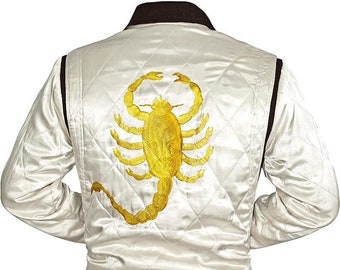 Ryan Gosling Drive Scorpion White Satin Lightweight Casual Bomber Varsity Sports Biker Drive Jacket