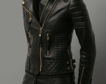 New Women Motorcycle Lambskin Leather Jacket Coat Size XS S M L XL