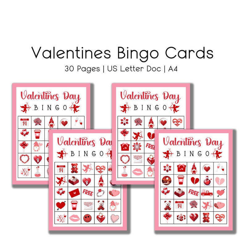 30 Valentines Day Bingo Cards, Classroom Valentine Games, Printable