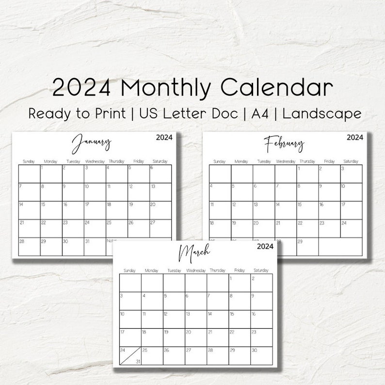 Printable Calendar 2024 Monthly Planner 2024 Landscape Monthly Wall