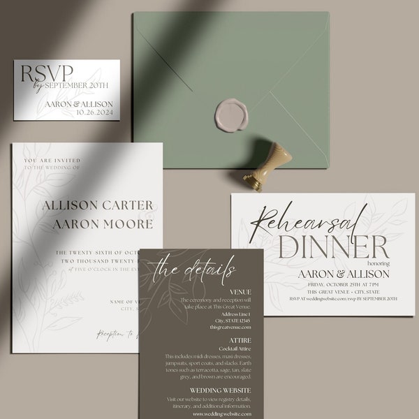 Brown Wedding Invitation Suite Template, Minimalist Botanic Design, Coffee and Cream Wedding Dream, QR Code RSVP Card, Customizable Suite