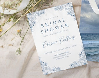 Dusty Blue Bridal Shower Invitation, Editable Canva Template, Minimalist Script, Floral Border, Vintage Chinoiserie Inspired, Coastal Chic