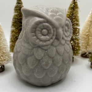 May include: A gray ceramic owl figurine with a textured surface and detailed eyes. The owl is sitting on a white surface.