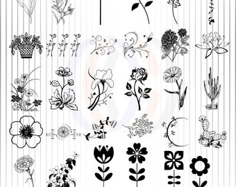 May include: A set of 24 black and white flower silhouette clip art images. The images include various flowers, such as roses, tulips, dandelions, and lilies. The images are perfect for crafting, scrapbooking, and digital design.