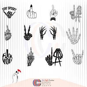 May include: A digital download of 10 black and white skeleton hand designs. The designs include a peace sign, a middle finger, a rock and roll hand gesture, and more. The designs are perfect for use in crafting projects, such as t-shirts, mugs, and stickers.