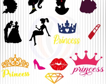 May include: A set of digital cut files for crafting featuring princess-themed images. The images include crowns, lips, a high heel, a diamond, a silhouette of a princess, and the word "princess" in various styles.