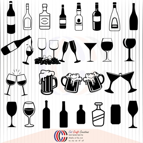 Bottles SVG files for Silhouette Cameo and Cricut. Bottles clipart PNG. wine bottle svg, champagne bottle svg, spirits whisky bottles svg