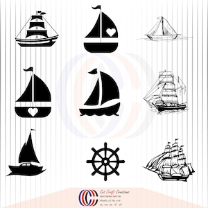 May include: A set of nine black and white sailboat and ship silhouette SVG cut files. The set includes a variety of sailboats, a ship with sails, and a ship's wheel.